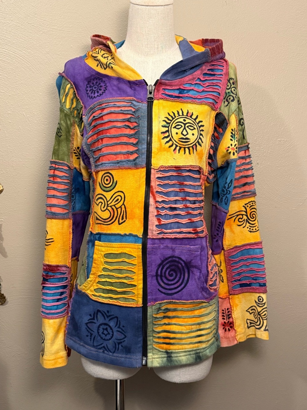 Rising International Patchwork Celestial Spiral Tie-Dye Zip-Up Hoodie Size M